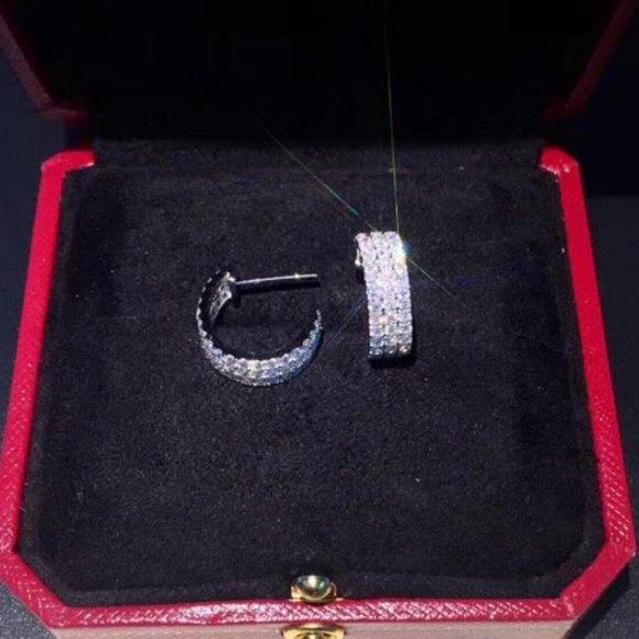 NEW 18K White Gold Triple Diamond Hoop Earrings - Picture 5 of 6